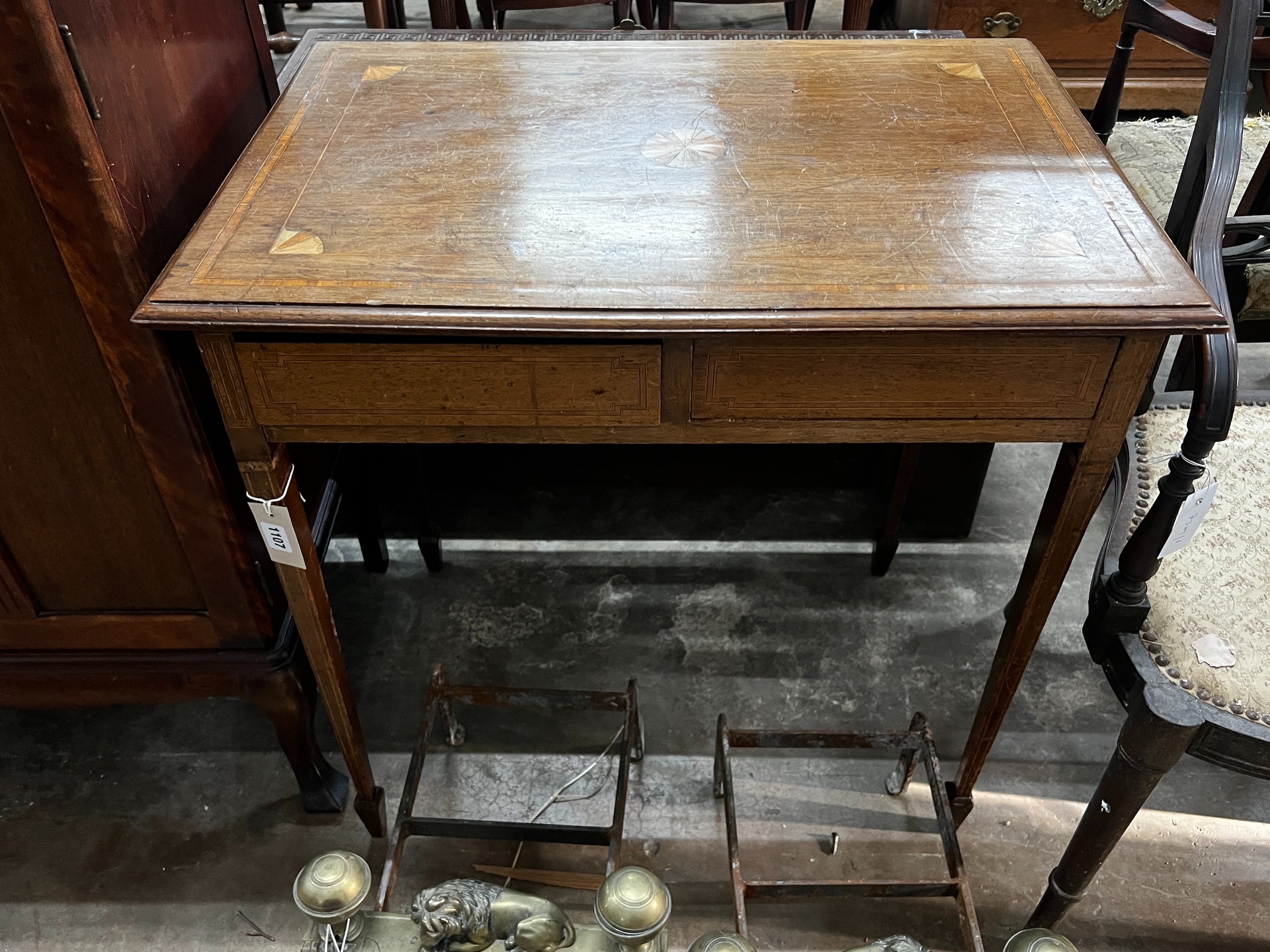 An Edwardian inlaid mahogany two drawer side table, width 75cm, depth 52cm, height 74cm